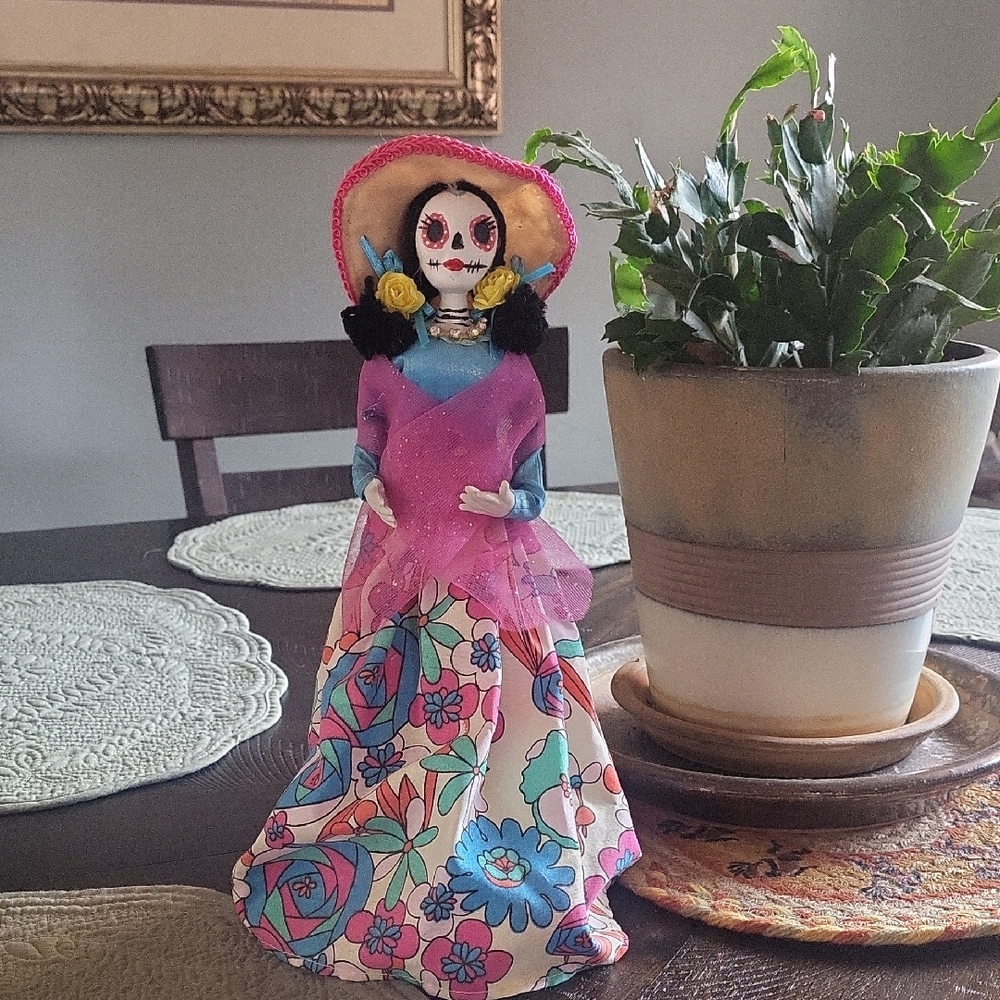 La Catrina  Day of the Dead Figurine in Pink & Blue. 12" Tall